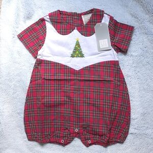 NWT 2T Lil Cactus Christmas Tree Red Plaid Cotton Romper Bubble Shorts Peter Pan